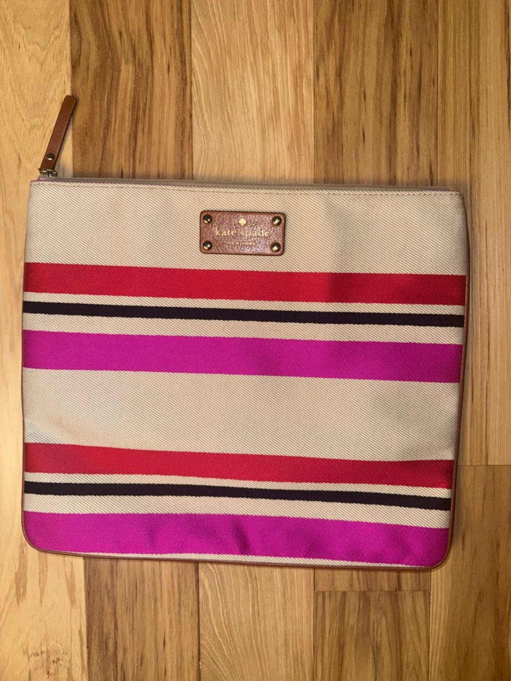 KATE SPADE Adrianne Large Zip Clutch Oak Island Stripe Canvas Pink Red